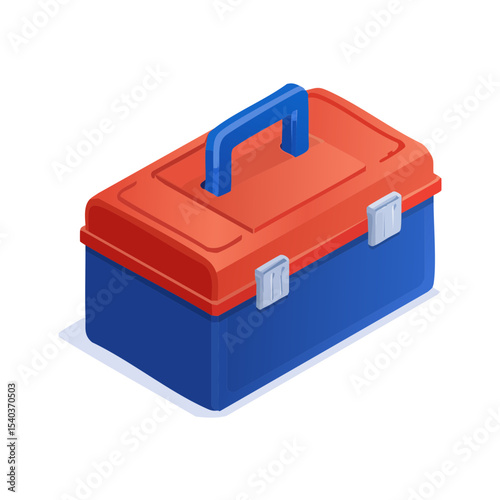 Isometric toolbox illustration with blue handle, red lid, and blue body isolated on a black background