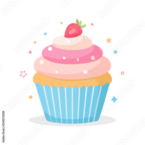 Stylized Cupcake with Pink Frosting and a Strawberry Topping Surrounded by Decorative Stars Vector Illustration