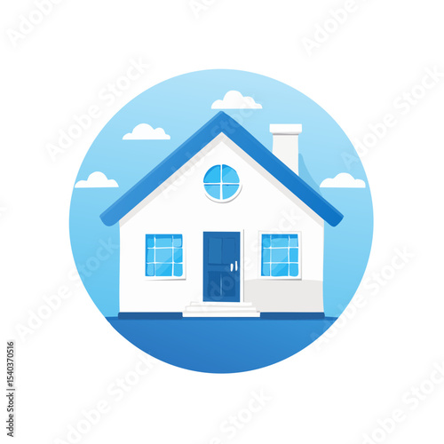 Cute White House with Blue Roof, Door, and Windows Surrounded by a Blue Sky with Clouds