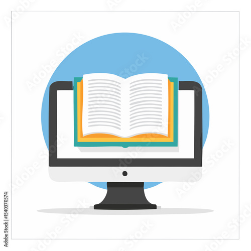Online learning concept illustration with computer screen and open book education technology reading digital knowledge library literature