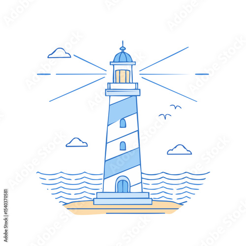 Striped Lighthouse Shining Across Ocean Waves with Birds and Clouds Minimalist Line Illustration