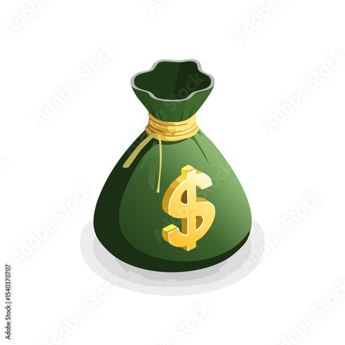 Cartoon Green Money Bag with a Gold Dollar Sign Representing Finances, Wealth, Savings, and Investment