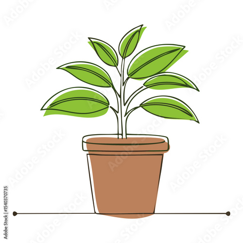 Houseplant in a Pot Simple Line Art Drawing Indoor Potted Plant Decoration Natural Green Leaves