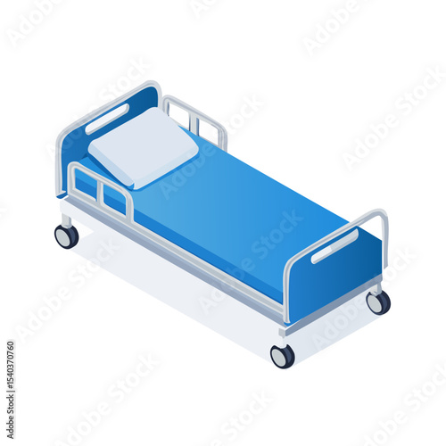 Hospital bed illustration with blue mattress and white pillow in isometric view healthcare equipment for patient medical clinic furniture
