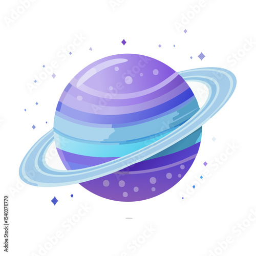 Cartoon planet with rings illustration isolated on black background with small stars.
