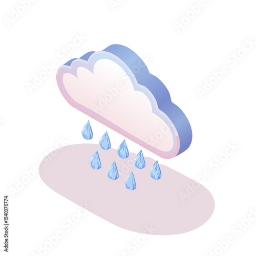 Isometric Cloud with Raindrops on a Surface, Weather Concept Illustration