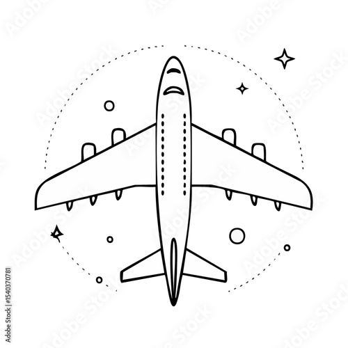 Modern Airplane Icon Flying Through Space Minimalist White on Black