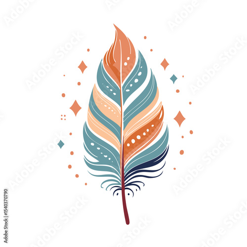 Stylized Feather Illustration with Geometric Sparkles on Black Background