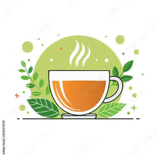 Steaming Tea Cup Illustration with Green Leaves on Black Background for Herbal Beverage Design