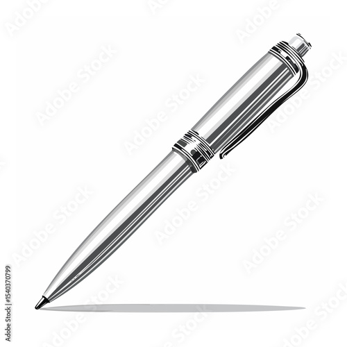 Illustration of a metallic ballpoint pen with cap and clip on white background