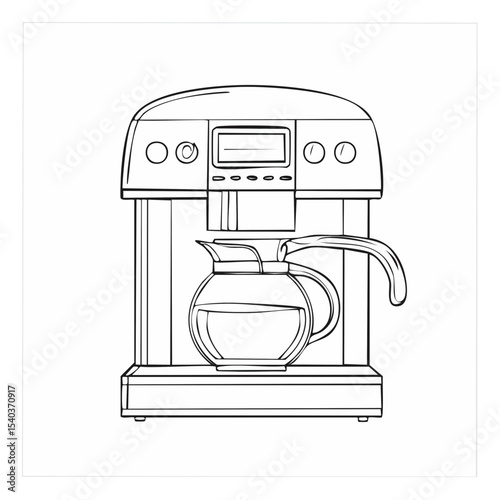 Drawing of a modern coffee maker and glass carafe, black and white vector illustration, outline style