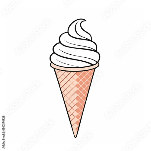Isolated ice cream cone with waffle, vanilla soft serve on a white background, dessert cartoon illustration