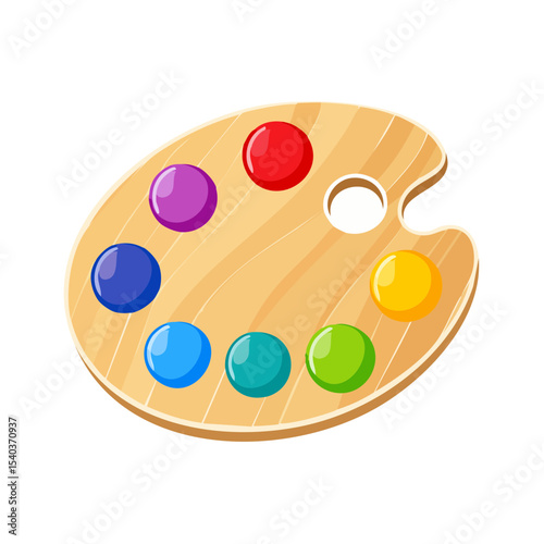 Artist wooden palette with paints in multiple bright colors for painting and artwork