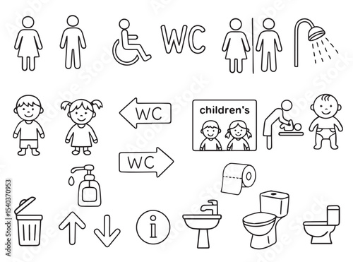 
Collection of vector illustrations featuring restroom icons, including male, female, wheelchair, children’s, shower, sink, toilet symbols, and hygiene elements for signage and design.