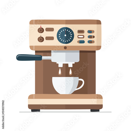 Espresso machine brewing coffee into a cup illustration flat style brown beige home appliance beverage cafe