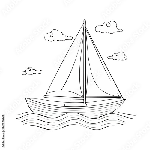 Illustration of a Sailboat on the Water with Clouds in a Black and White Line Drawing
