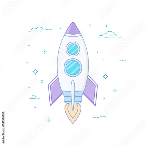 Cartoon rocket ship in space with stars and clouds illustration on black background