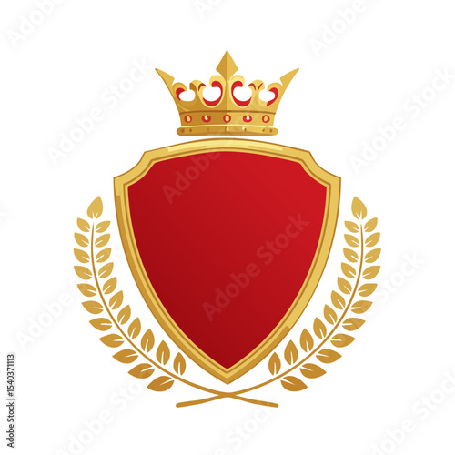Royal Emblem with Crown, Shield, and Laurel Wreath - Gold and Red Design