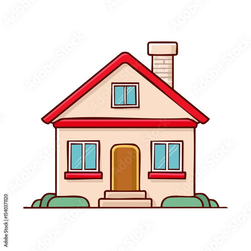 Charming Single Story House Illustration with Red Roof, Chimney, and Blue Windows on a Black Background