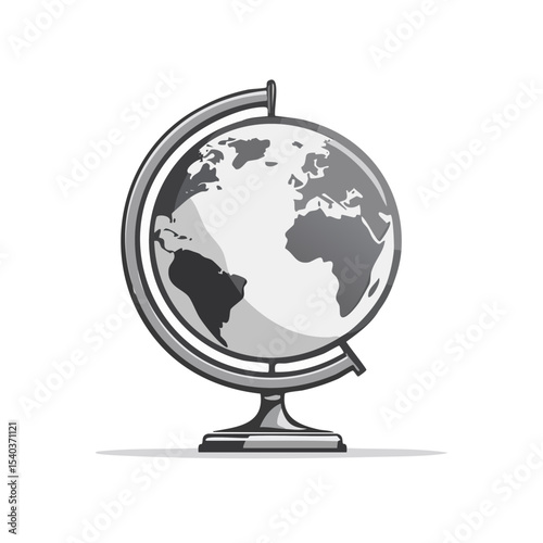 Illustration of a Globe with Stand Showing Continents and Oceans in Grayscale