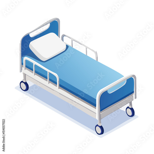 Isometric hospital bed illustration with blue mattress and white pillow. Modern medical care facility equipment concept, healthcare scene, vector graphic