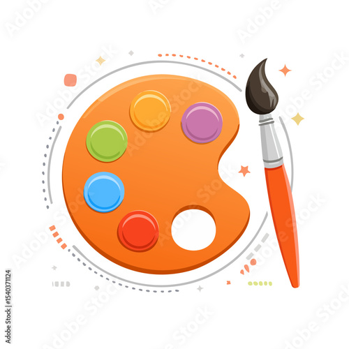 Artistic palette with colorful paints and paintbrush for creative expression illustration concept