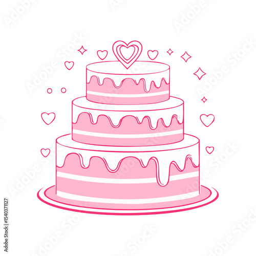 Stylized Pink Three Tier Cake with Heart Topper and Hearts and Star Graphics on Black Background