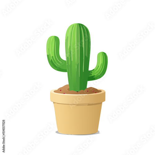 Isolated cartoon illustration of a green cactus in a pot against a black background