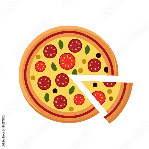 Illustrative Pizza with Slice Removed Overhead View Featuring Pepperoni Tomatoes and Basil Isolated on Black Background