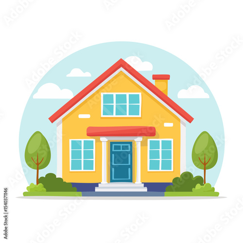 Charming Two-Story House Illustration With Lawn, Blue Door, and Yellow Exterior Wall on a Sunny Day, against Sky Background