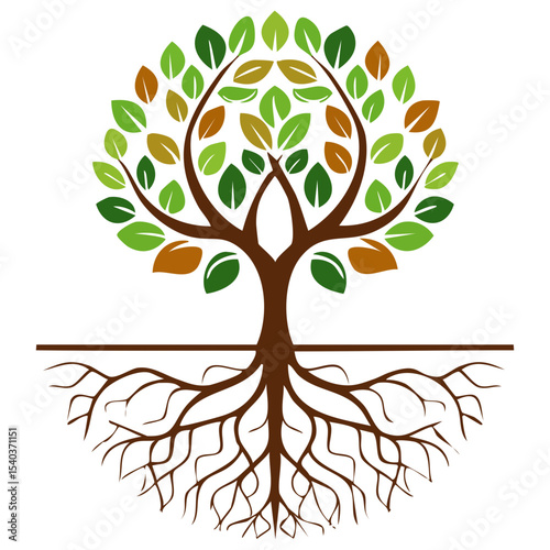 Symbolic Tree with Leaves and Roots on Black Background, Circular Design for Ecology, Growth and Natural Concepts