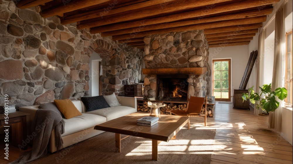 Fototapeta premium A traditional farmhouse living room a large stone fireplace, a wooden beam ceiling, a mix vintage modern furniture,