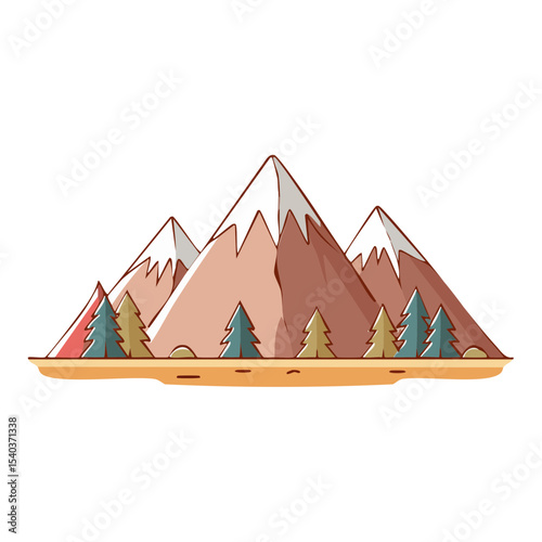 Mountains with Snow Caps and Pine Trees Line Art Nature Landscape Scene Graphic Illustration