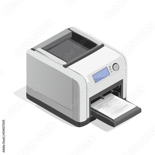 Isometric Illustration of White Office Printer Printing a Sheet of Paper