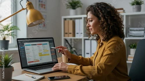 Focused woman working on laptop in bright home office space during afternoon hours