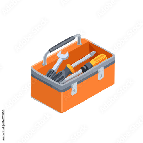 Orange Toolbox Isometric Illustration with Screwdriver and Wrench Inside, Tool Storage
