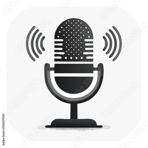 Retro microphone emitting sound waves, representing podcasting, audio recording, and voice transmission in a graphic icon style.