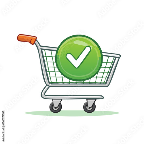 Shopping Cart with Check Mark Icon, Order Complete, Purchase Approved, Online Shopping, Retail Sales
