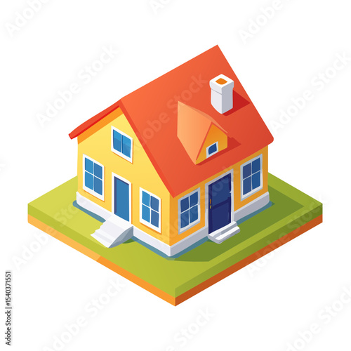Isometric style single family yellow house with orange roof, green lawn, and blue doors on a black background