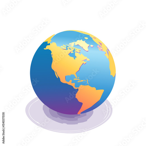 Globe illustration showing the Americas, world depiction with continents, 3D isometric planet earth