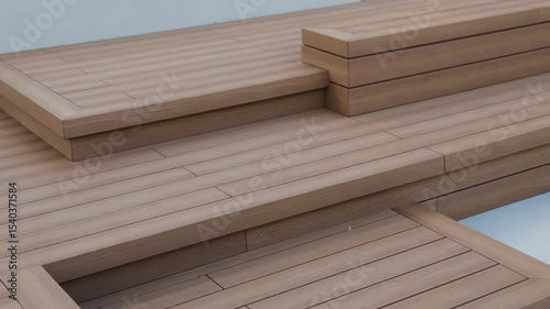 Relax area near the house with a wooden terrace, minimalist garden. Modern wooden stairs. Wooden stairs on the street.