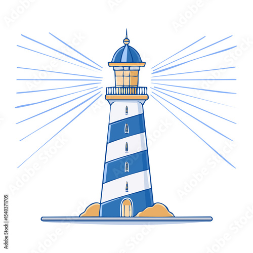 Stylized Lighthouse with Blue Stripes Casting Light Beams on a Dark Background