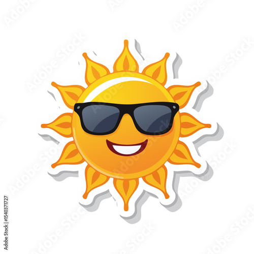Smiling cartoon sun with sunglasses summer heat and happy face sunny sticker radiating warmth bright yellow and orange rays