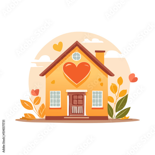 Cozy Home Illustration with Heart Shape Symbol Happy Residence and Floral Decor for Residential Concept and Real Estate Advertising