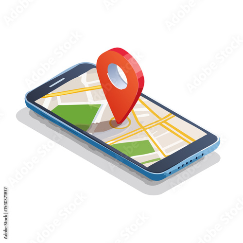 Isometric Smartphone Displaying a Street Map and a Red Pin, Navigation App, Location