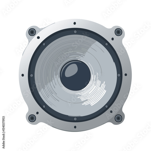 Isolated audio speaker illustration for music playback and entertainment with silver gradient and circular design set against a black background