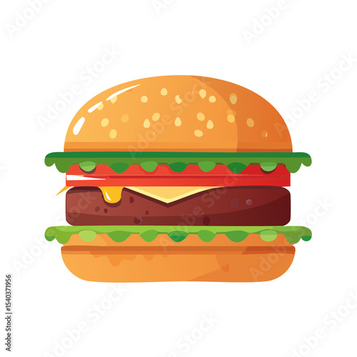 Juicy hamburger with beef patty, cheese, tomatoes, and lettuce stacked between sesame buns on black background for fast food illustration
