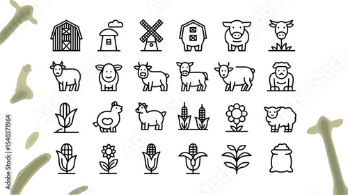 Farm animals crops and structures in black outline icons against a blurred floral background image