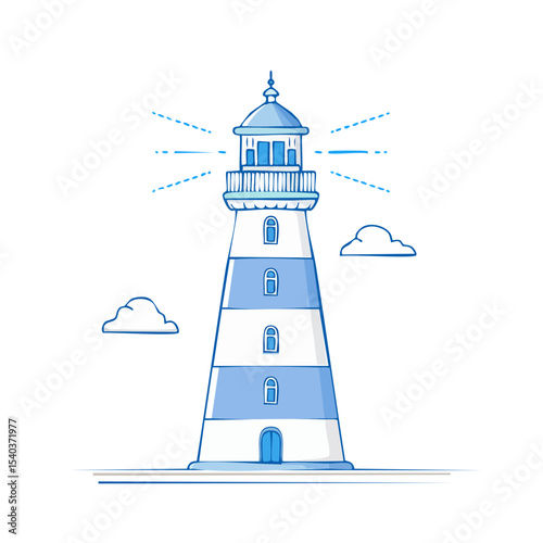 Coastal Lighthouse Shining Light Through Night Sky with Clouds Nautical Navigation Beacon Vector Illustration