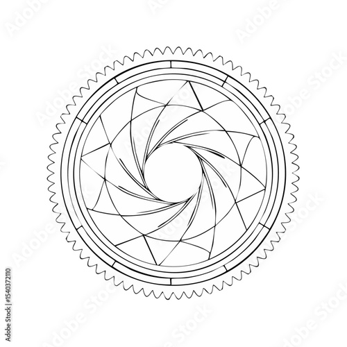 Camera Lens Aperture Diaphragm, Gear, Icon, Abstract, White Lines on Black Background